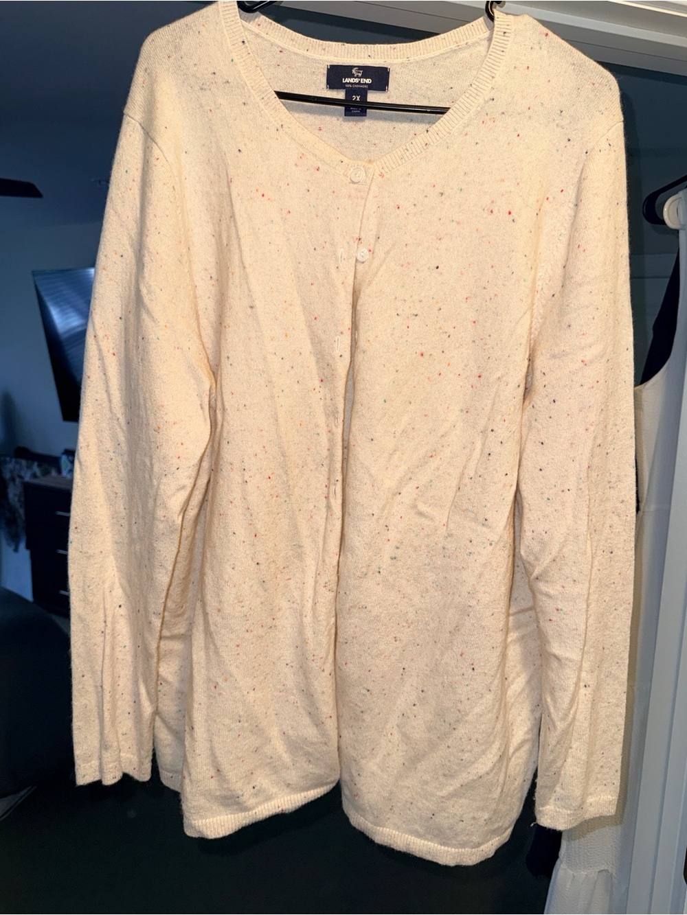 Lands' End 100% Cashmere Cream Speckled Button-Front Cardigan